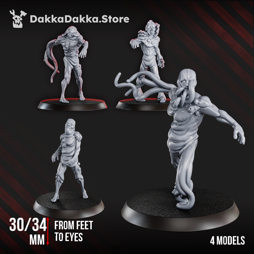 Tet’o Obsessed Squad miniature set, Trench Crusade Style mutated cult infantry with tentacles