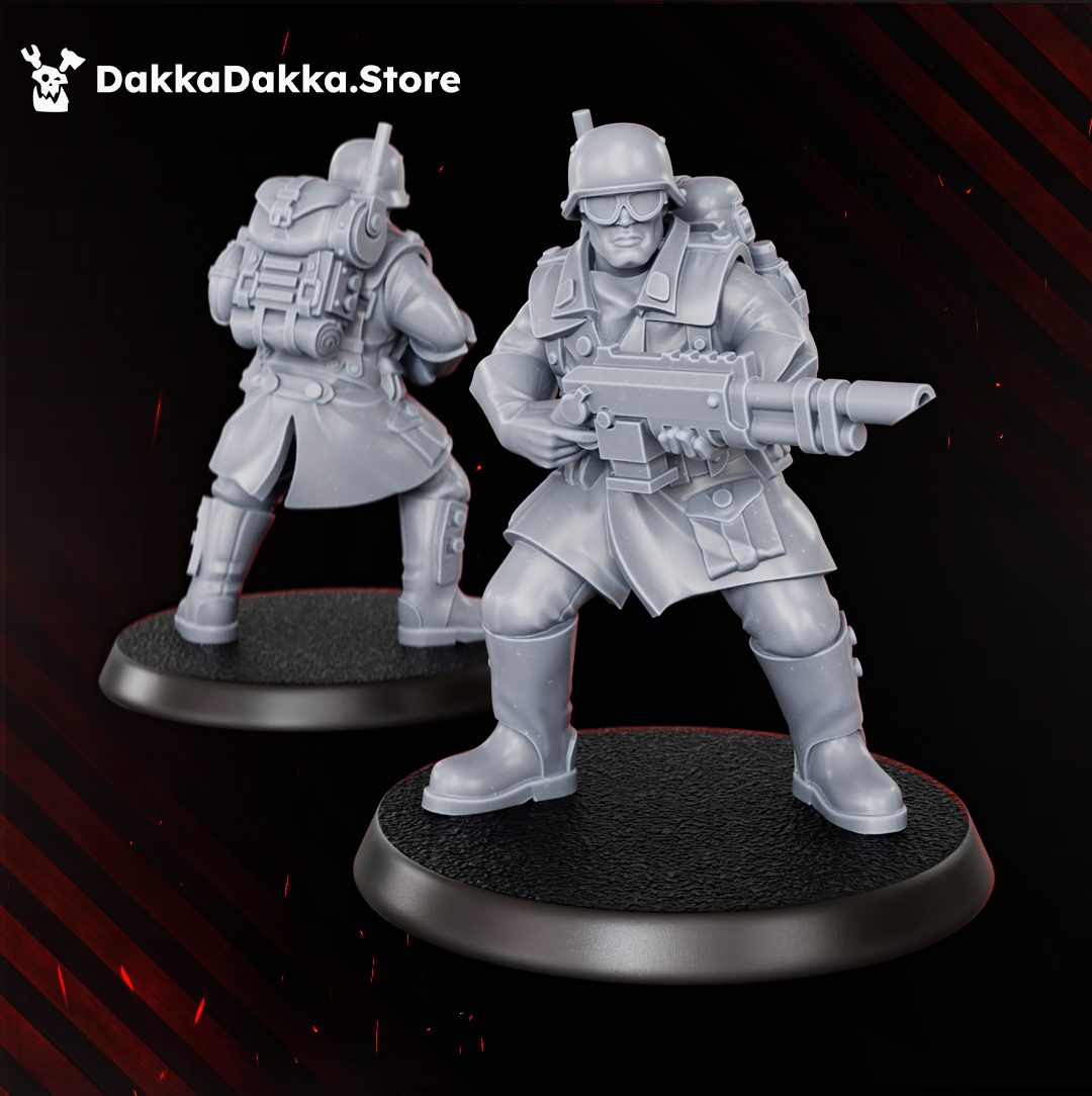 Front and rear views of a goggled trooper in greatcoat holding a heavy-barrelled rifle, showing backpack equipment detail