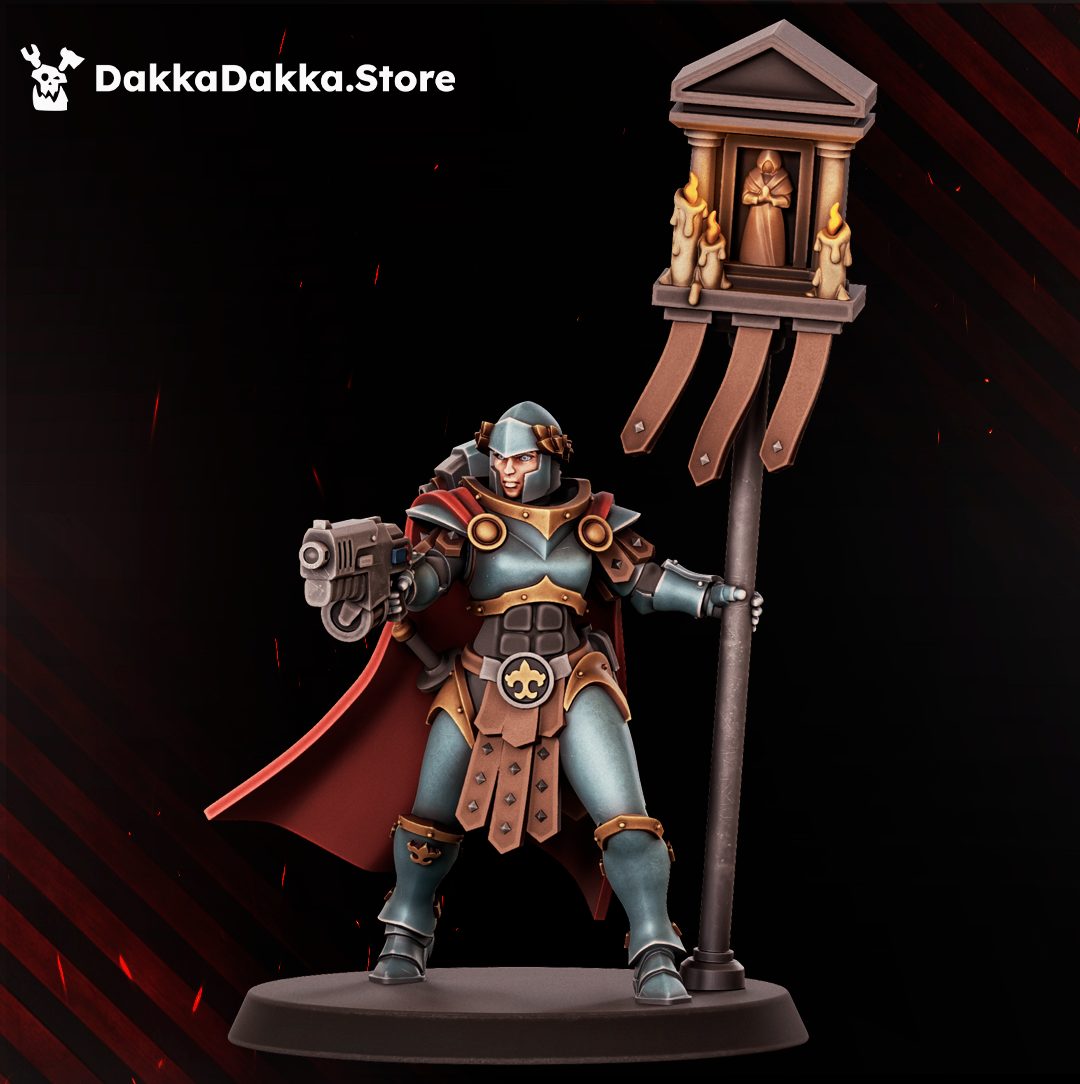 Standard bearer model holding ornate candlelit reliquary pole, front view