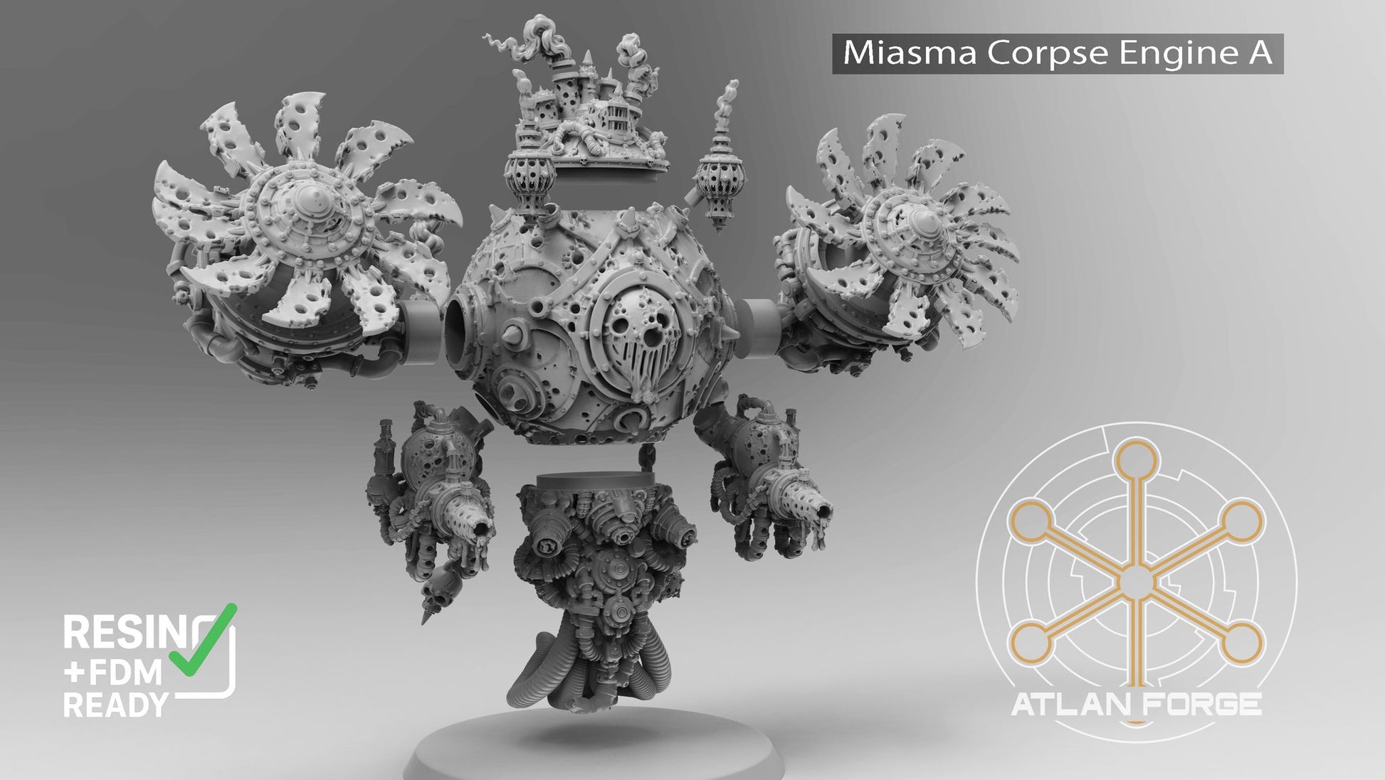 Miasma Corpse Engine A front view showing circular blade fans and mechanical lower limbs with fists