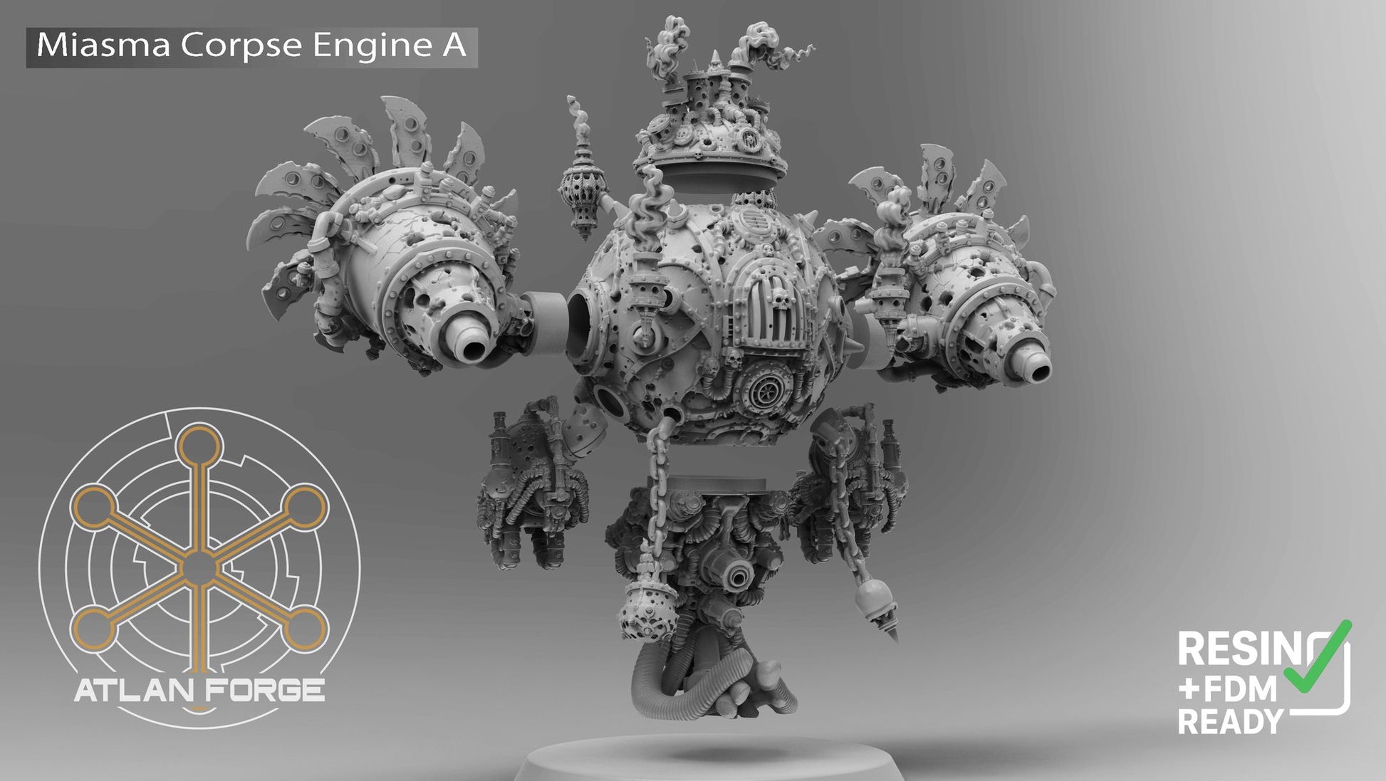 Miasma Corpse Engine A rear three-quarter view showing corroded hull detail and gothic cathedral crown