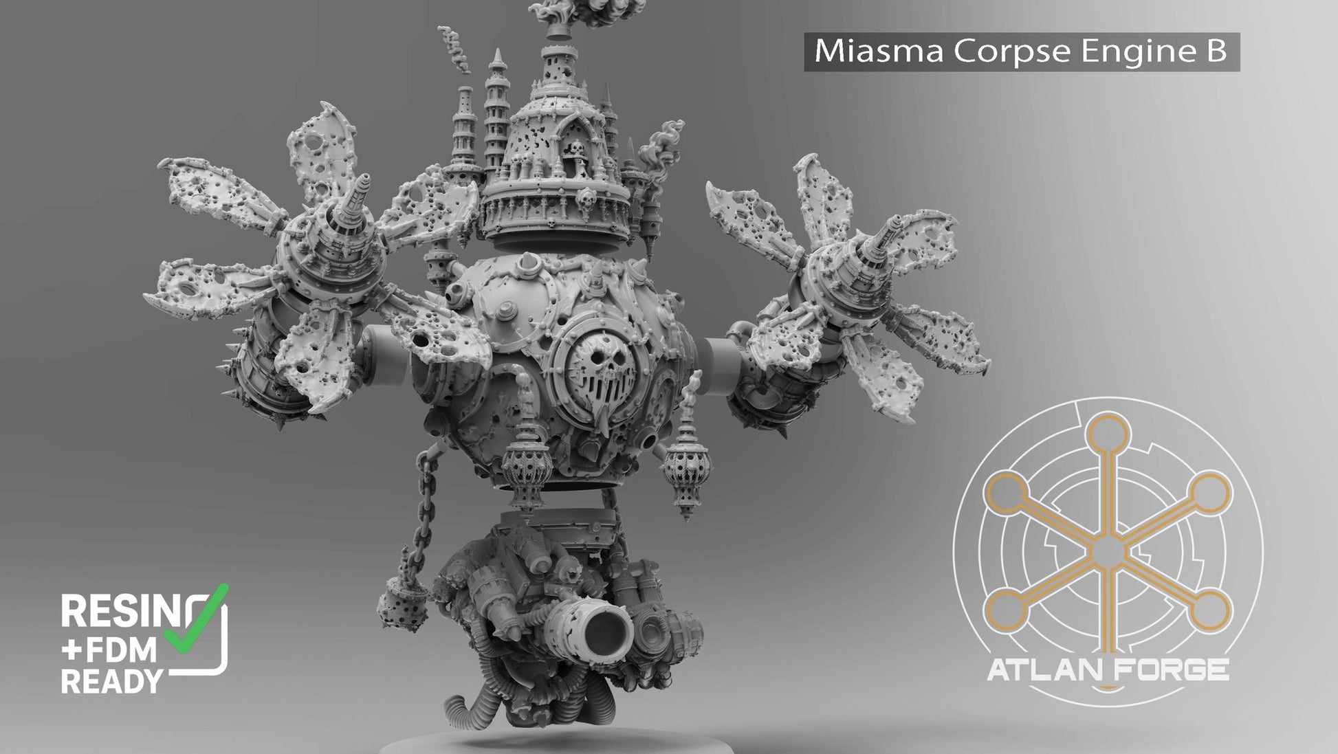 Miasma Corpse Engine B front view with broad petal fan arms, chains, and spiked mace weapons