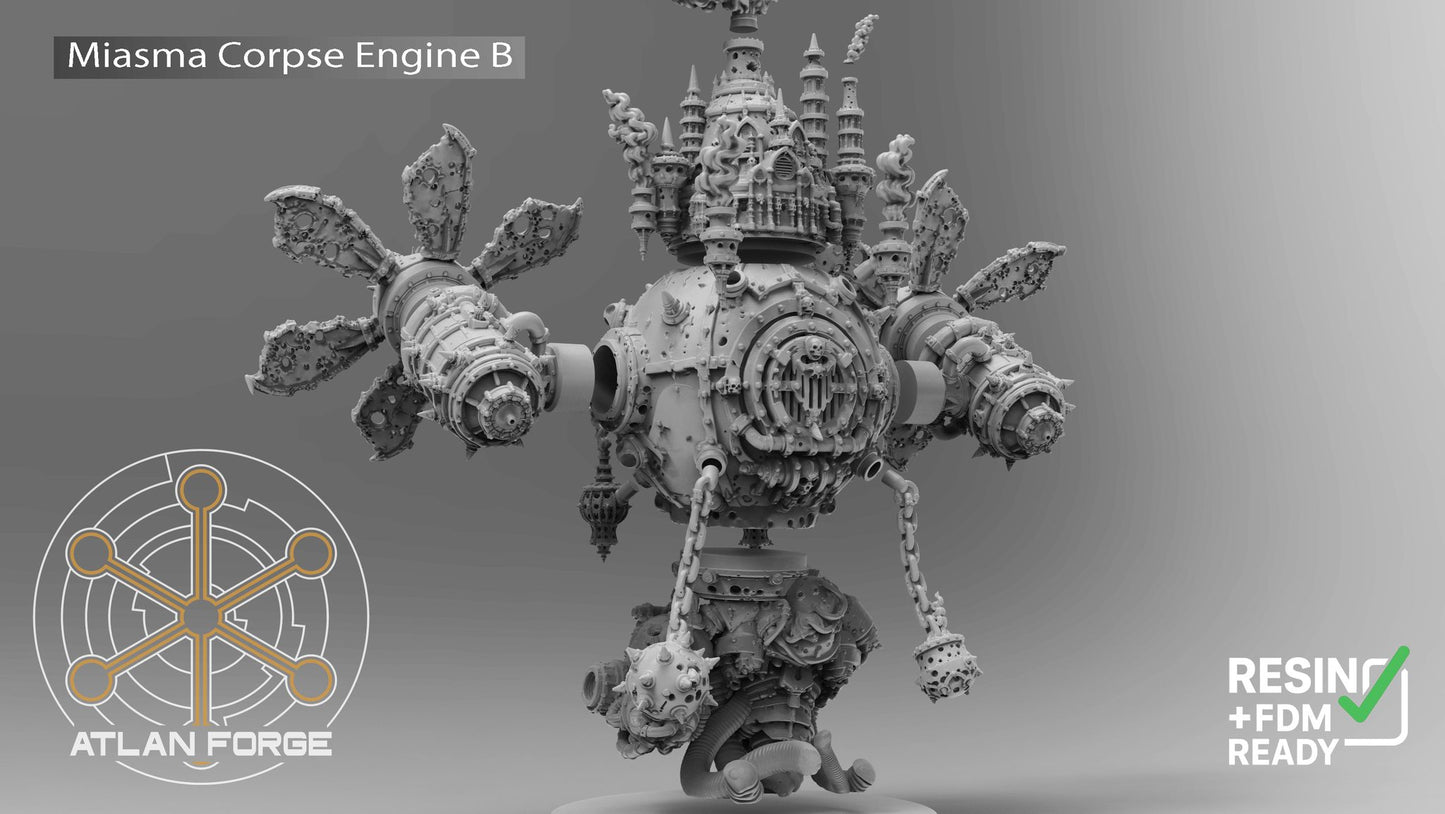 Miasma Corpse Engine B rear three-quarter view showing tall spired cathedral top and chain flail details