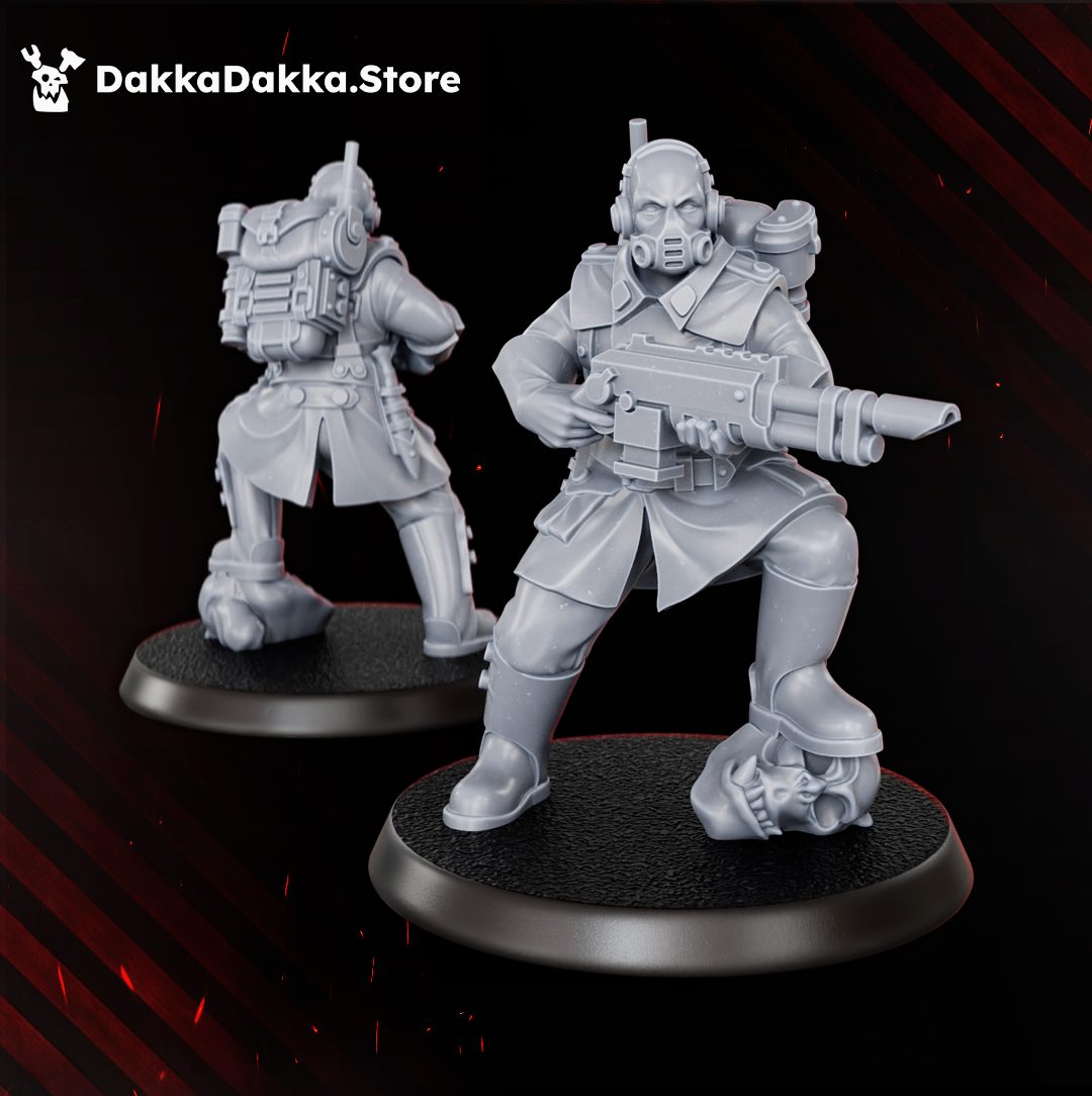 Front and rear views of a gas-masked trooper in combat stance with heavy rifle, skulls sculpted on base