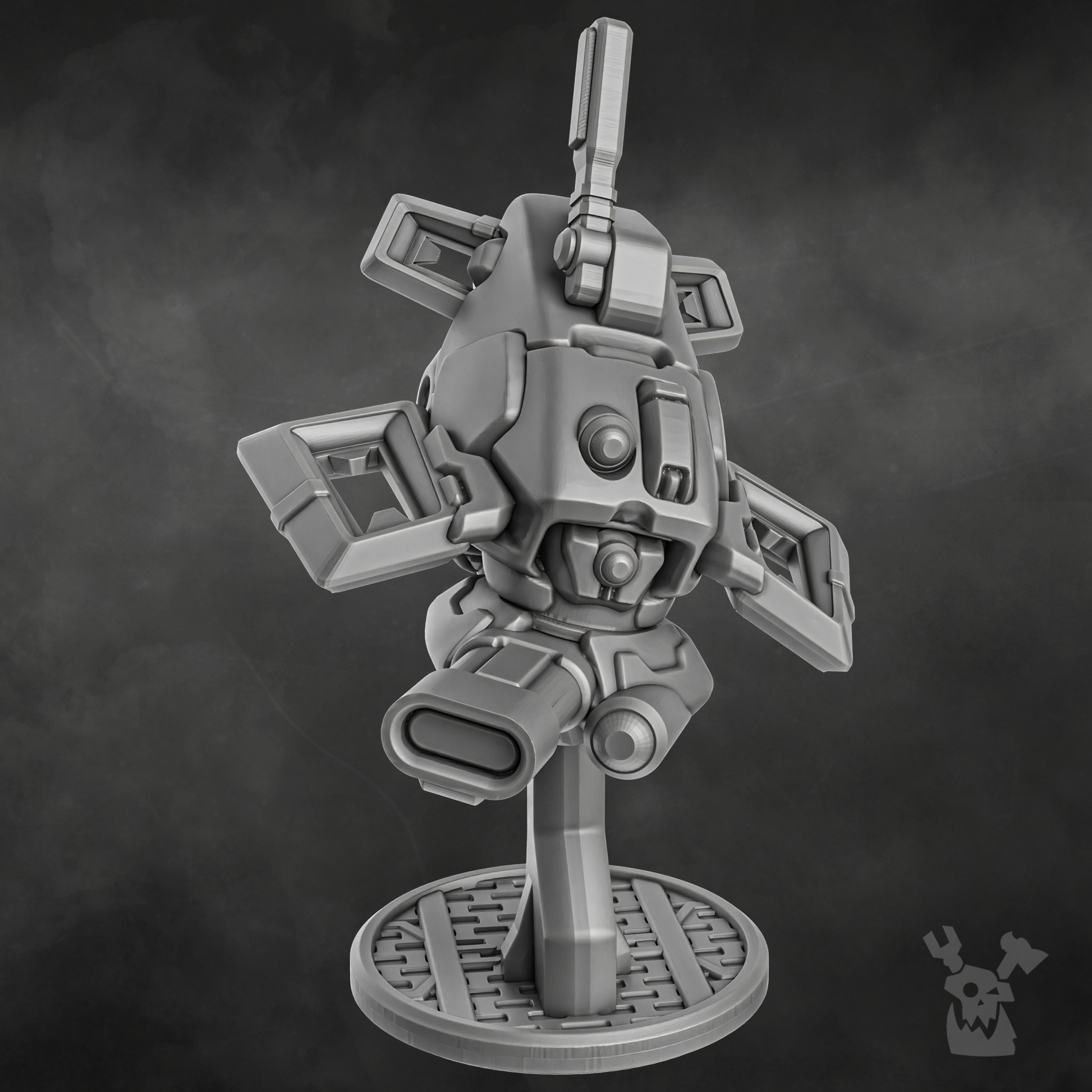 Gray sci-fi battlesuit model drone showcasing advanced weapon systems and intricate design, ideal for shadow combat.