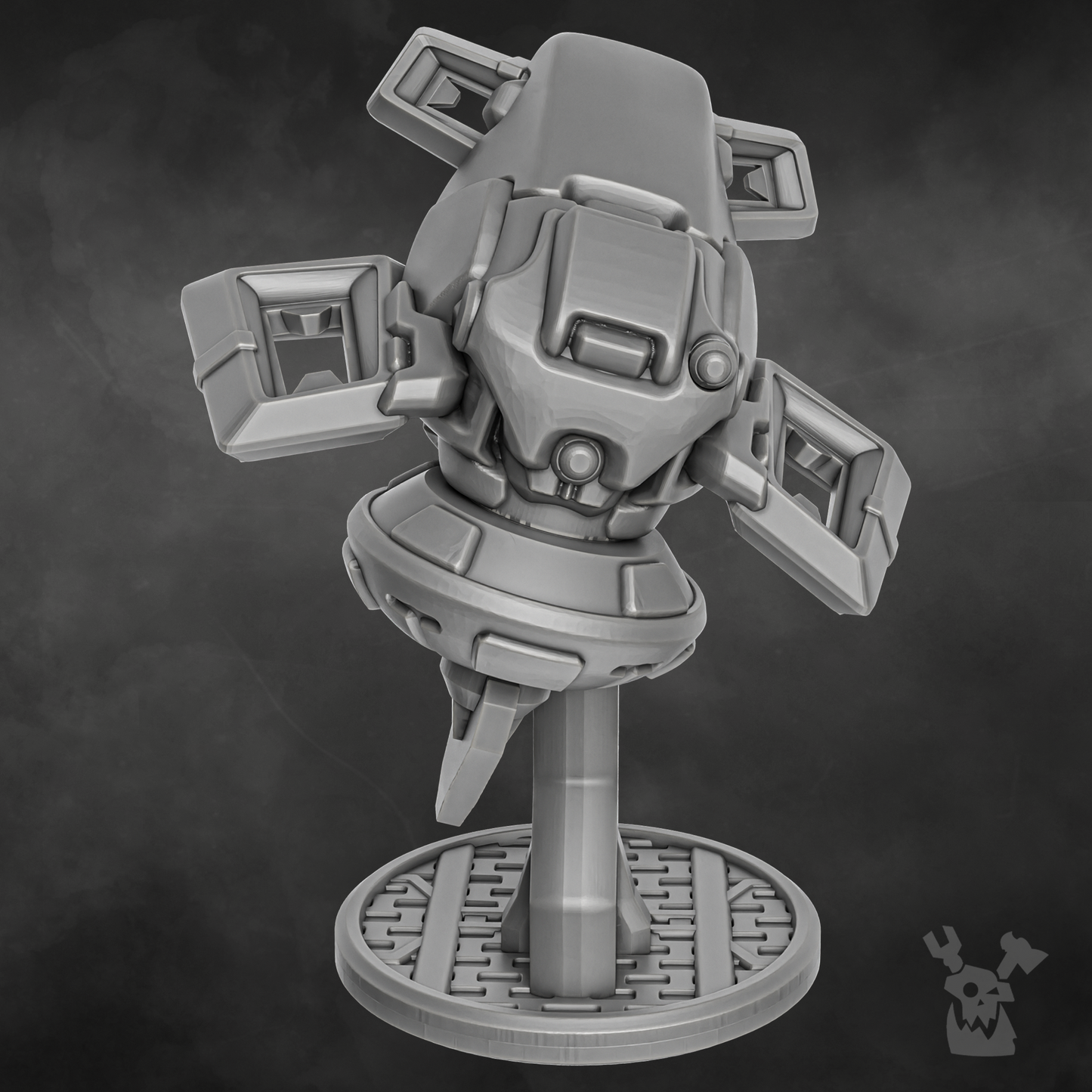 .Gray sci-fi battlesuit model drone showcasing advanced weapon systems and intricate design, ideal for shadow combat.
