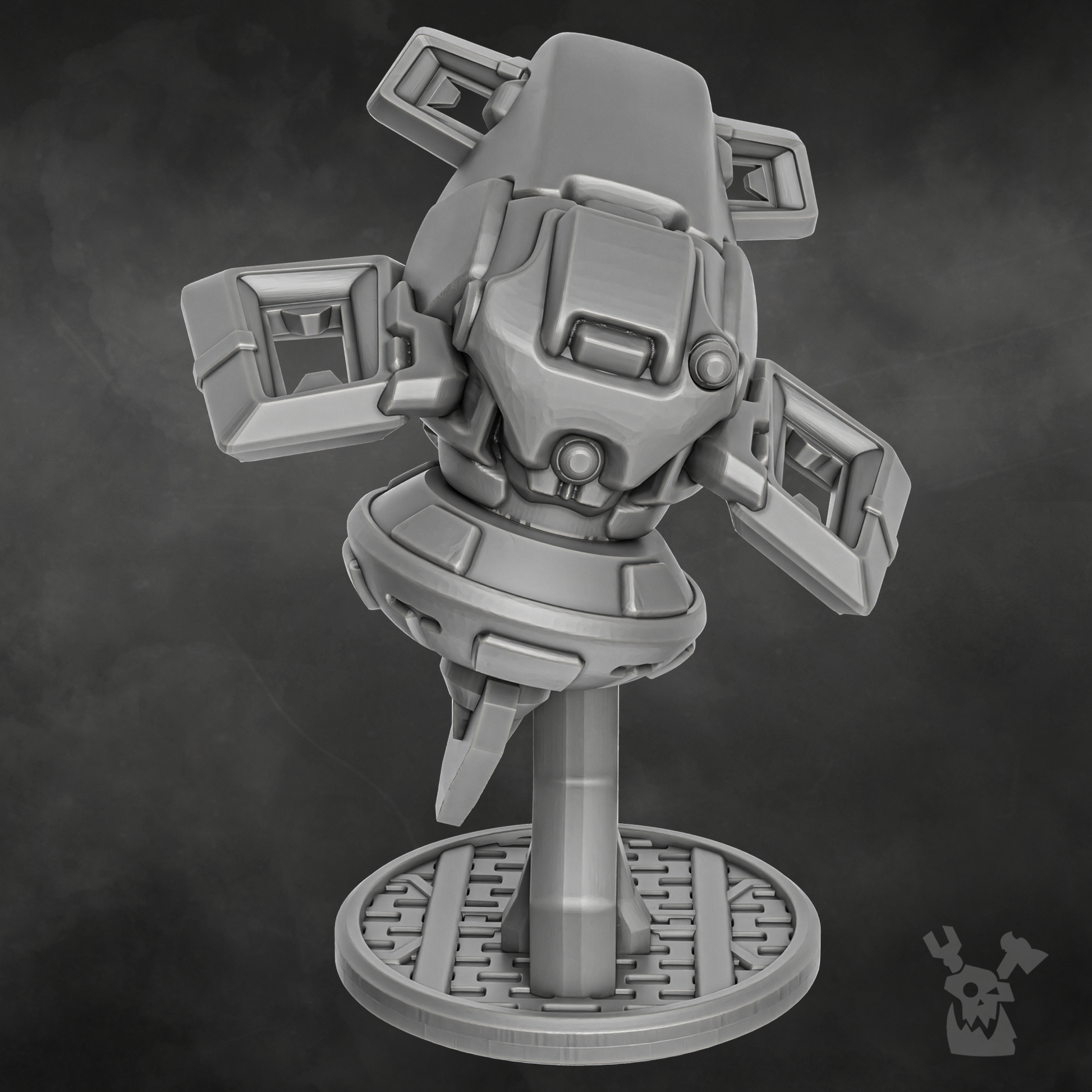 .Gray sci-fi battlesuit model drone showcasing advanced weapon systems and intricate design, ideal for shadow combat.