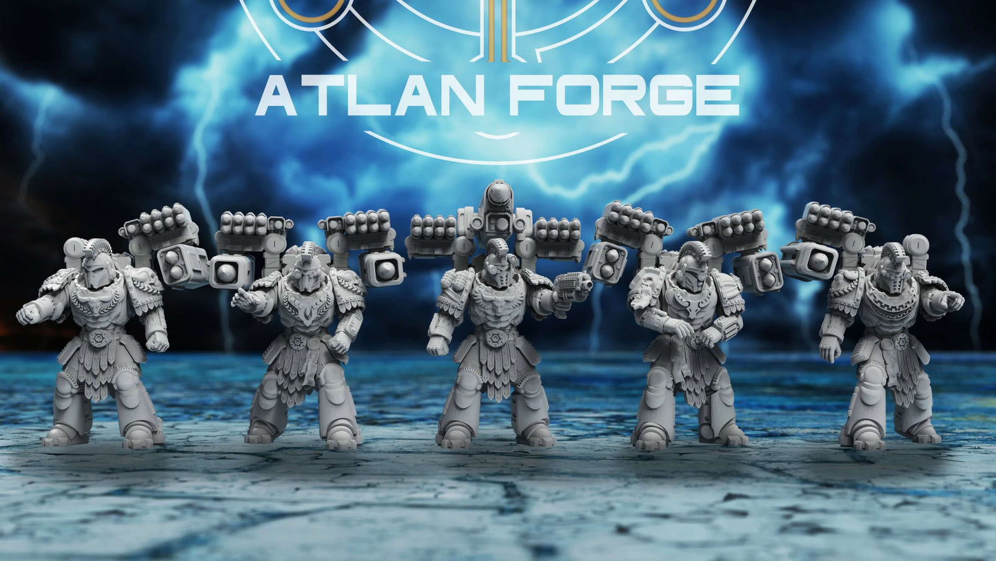 sci-fi warrior miniature Minoan Astraponites elite squad with advanced sci-fi armor and heavy ranged weapons