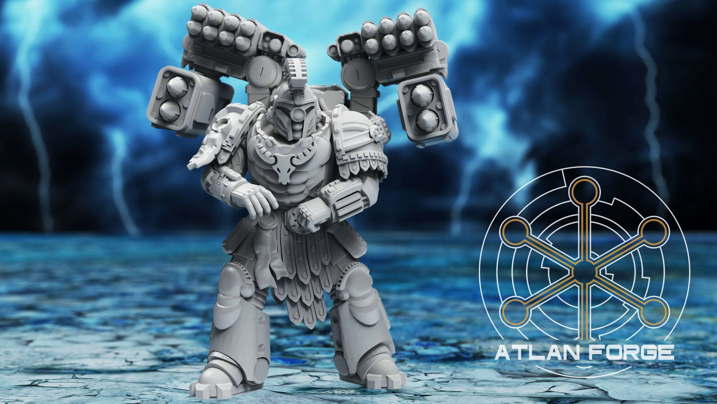 sci-fi warrior miniature Minoan Astraponites elite squad with advanced sci-fi armor and heavy ranged weapons