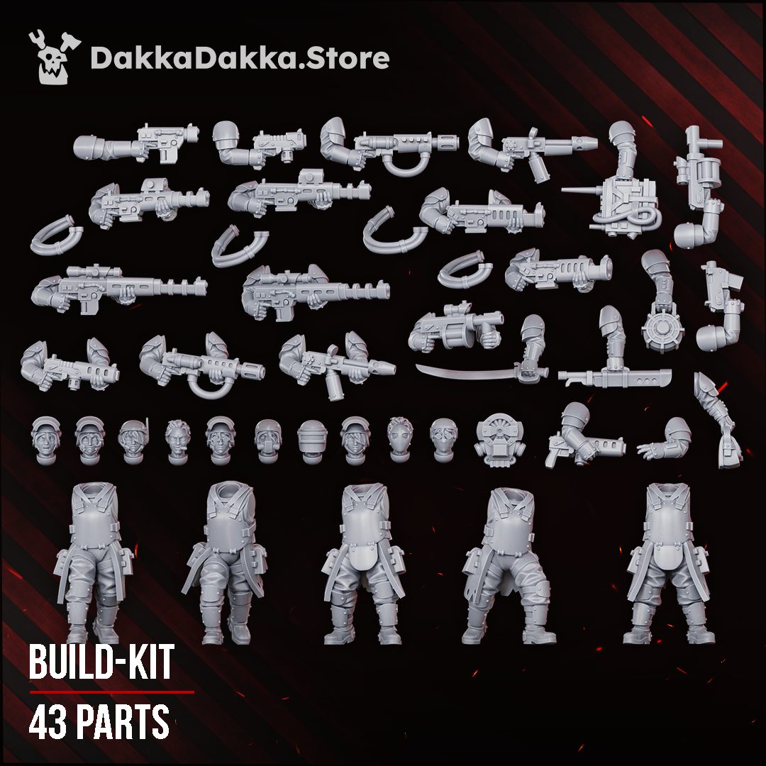Full grey resin build kit flat lay showing all 43 parts including bodies, heads, arms and weapons for the squad