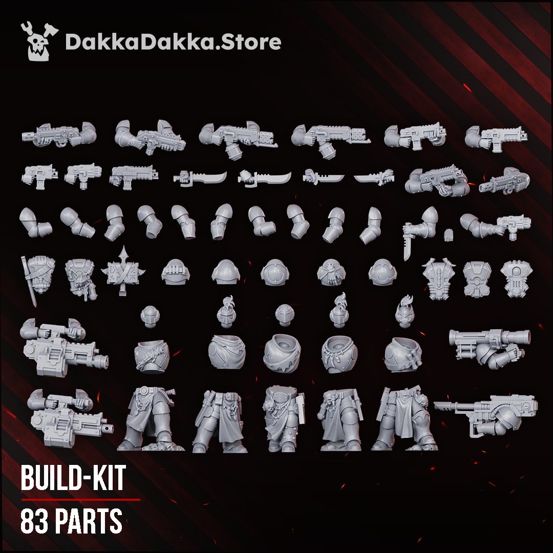 All 83 resin parts laid out in rows showing weapons, arms, shoulder pads, heads, bodies and legs