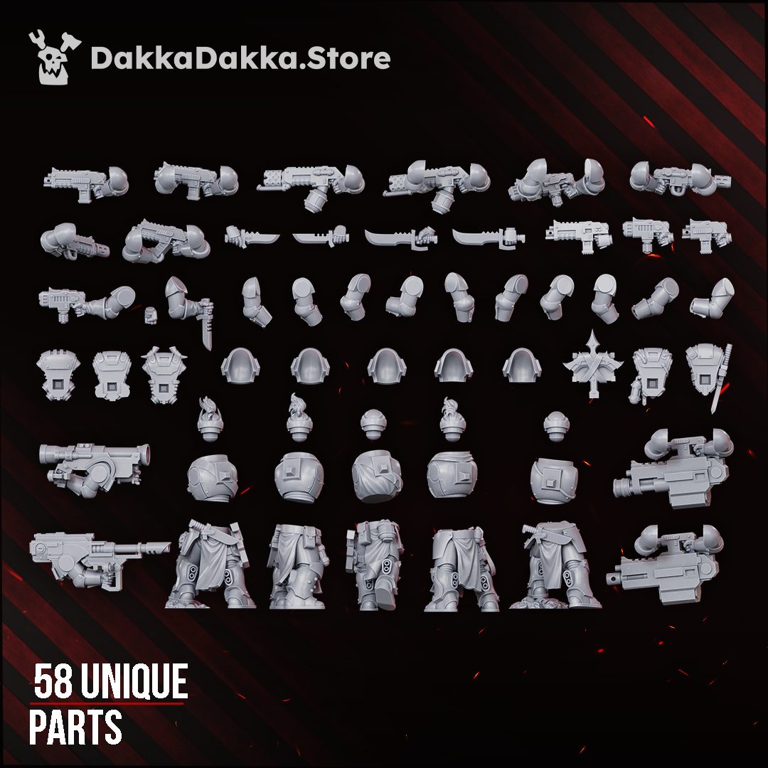 58 unique parts spread showing full range of weapon and armour component variation