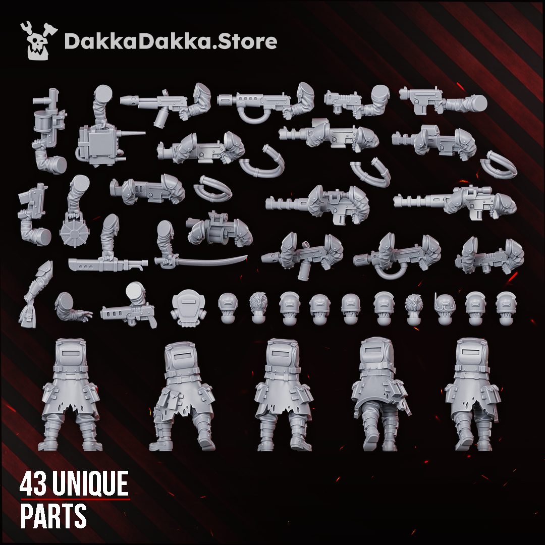 Second angle flat lay of all 43 unique grey resin parts spread across a dark background, showing weapon and arm variety