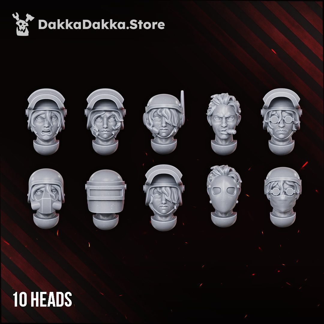 Close-up of all ten interchangeable resin head options including helmets, goggles, respirators, and bare faces