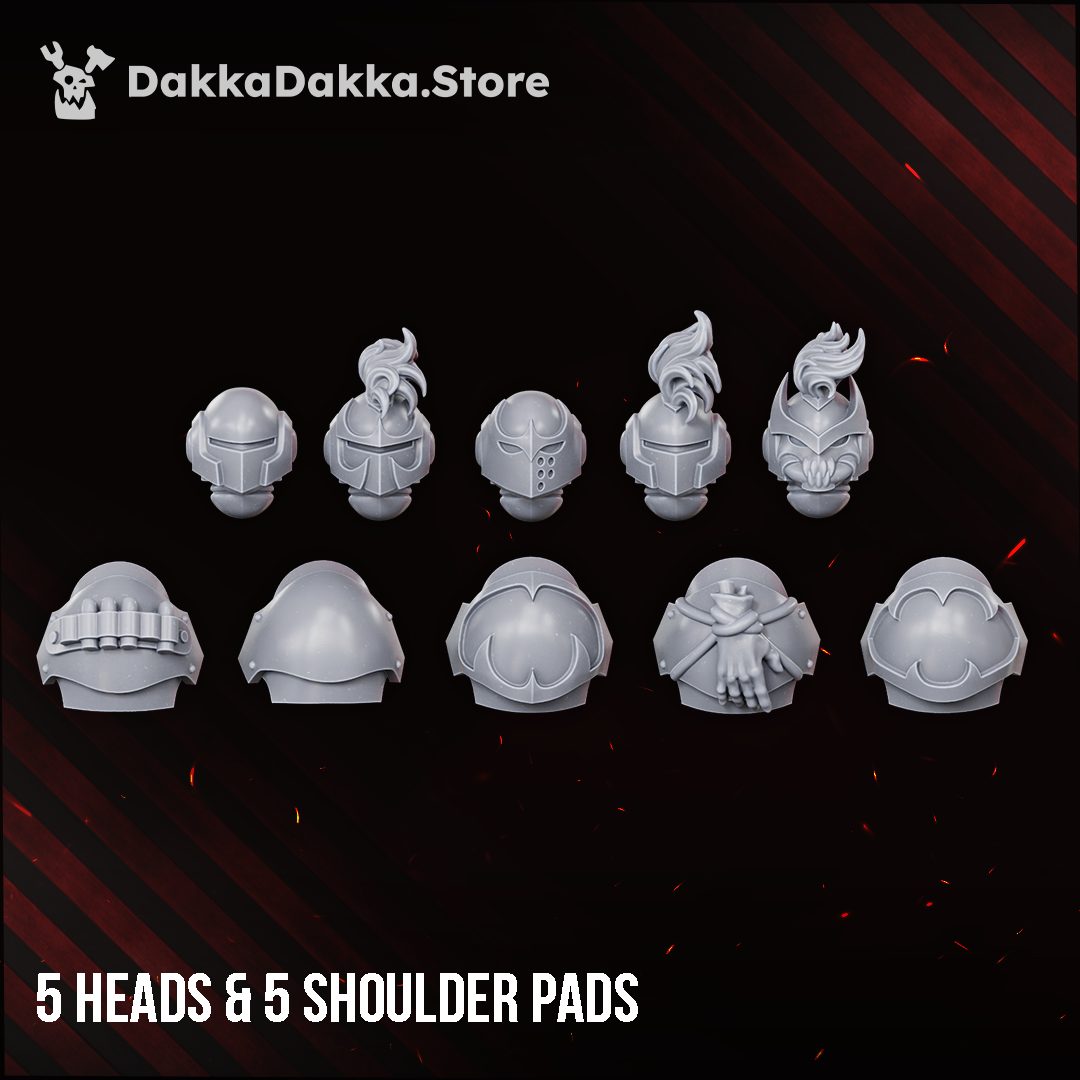 Close-up of 5 helmet head options and 5 shoulder pad variants in grey resin
