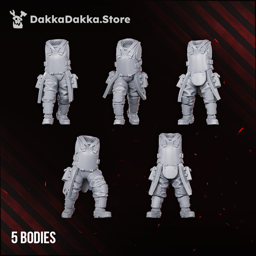Five interchangeable resin body options shown headless and armless, displaying leg and torso variation across poses