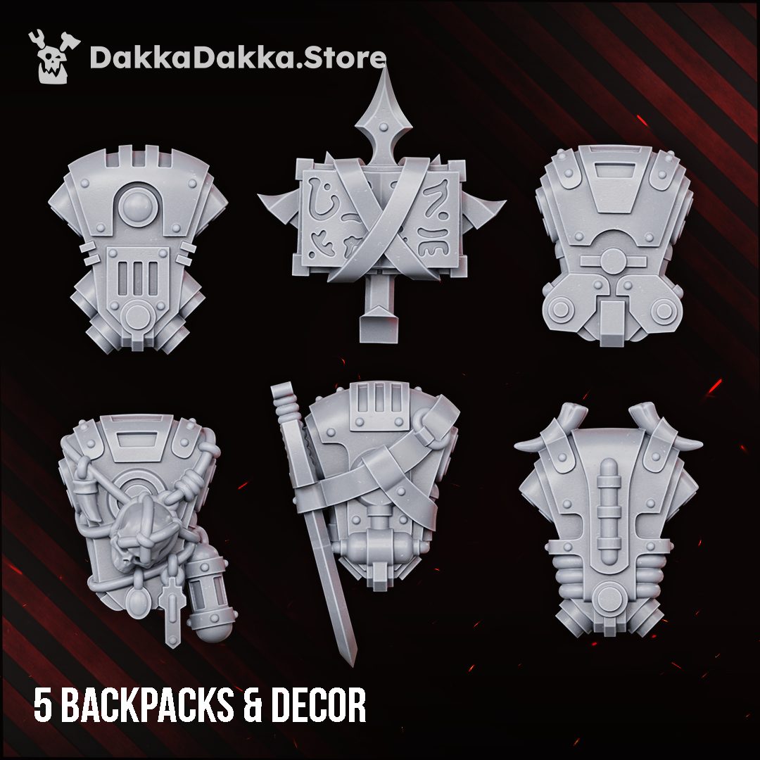 Five backpack and decorative piece options including banner pole and ornate pack designs