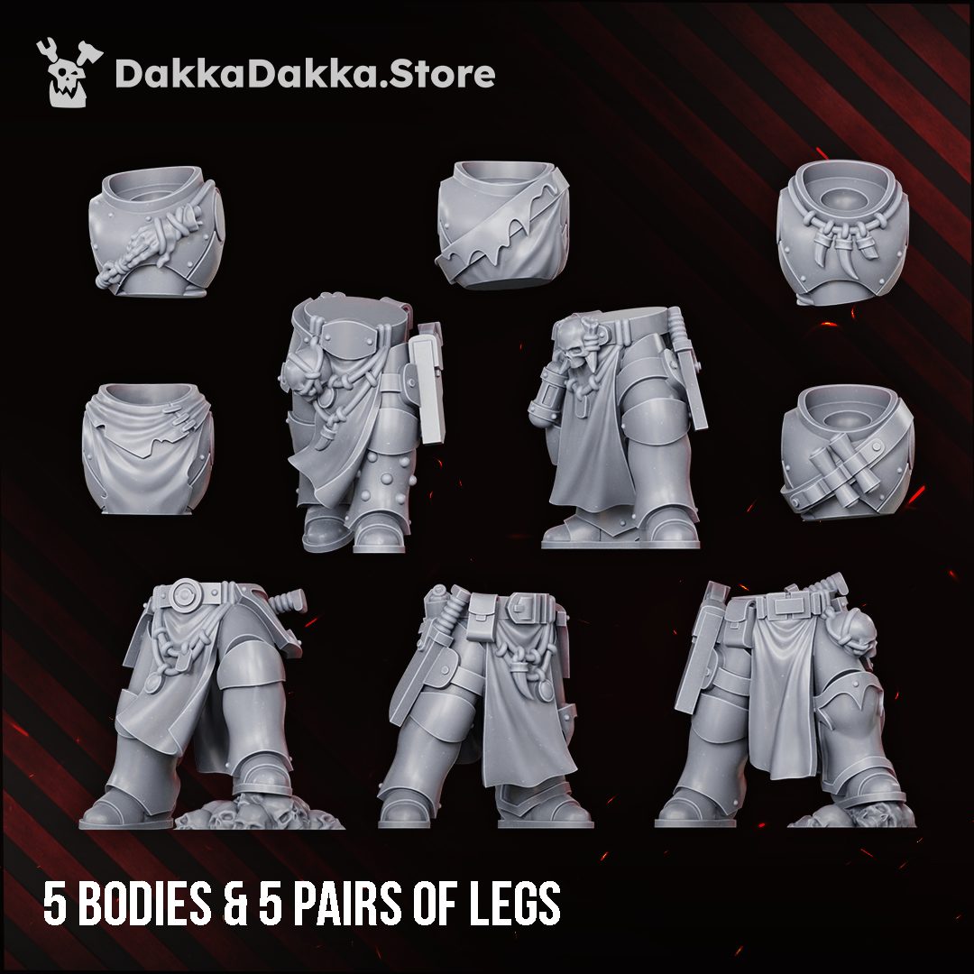 Five body torsos and five pairs of legs showing robe and armour detail variation