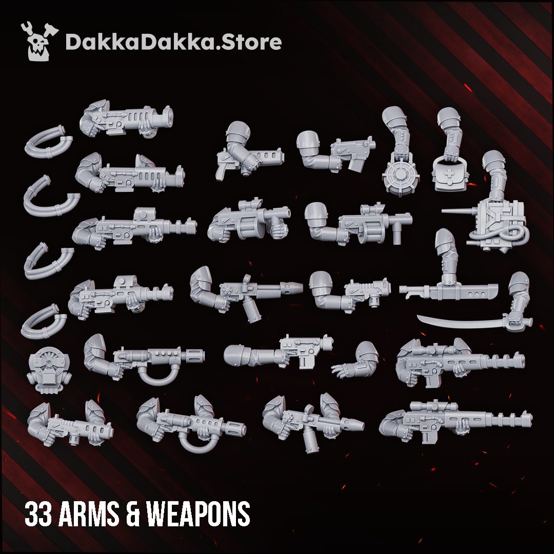 Flat lay of all 33 arms and weapons components including carbines, support guns, blades, and hoses