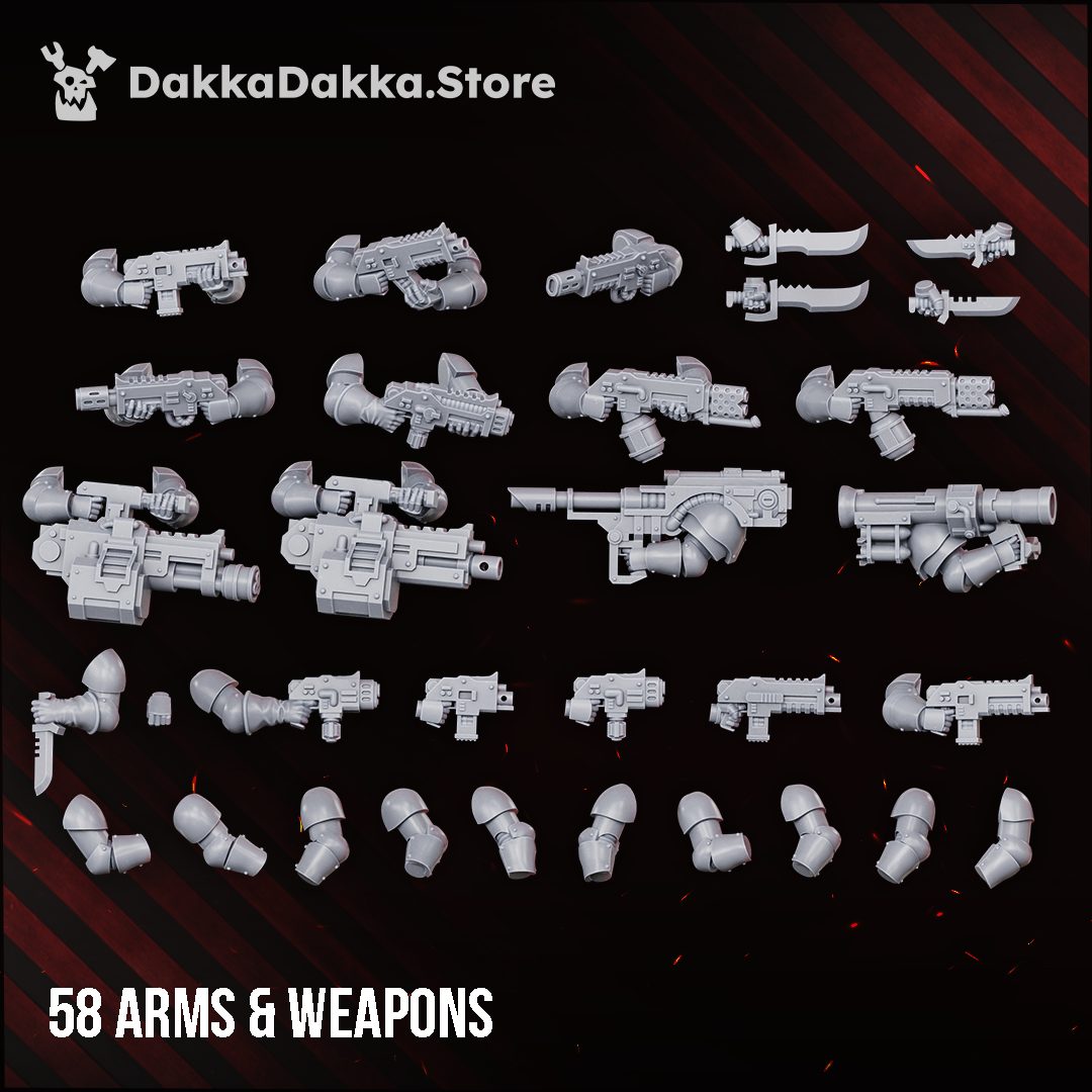 Full arms and weapons sprue showing heavy guns, bolt weapons, blades and bare arm joints