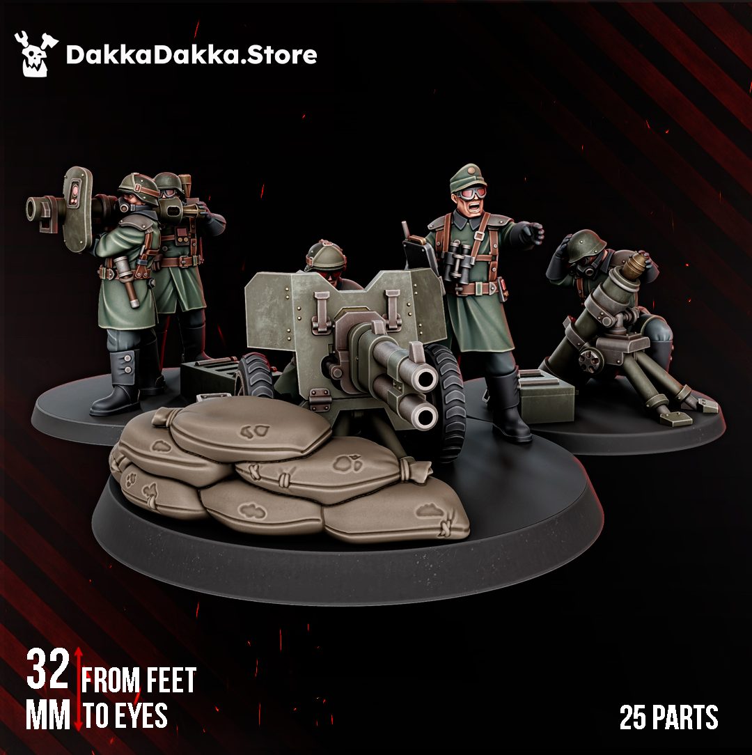 The Doomsday Heavy Fire Support Squad full set showing all five figures and cannon emplacement on display bases