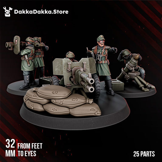 The Doomsday Heavy Fire Support Squad full group render showing all five models on three bases at 32mm scale