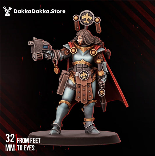 Legio Artemis Emissarius 32mm resin miniature, front view showing armour detail, red cape, and levelled pistol
