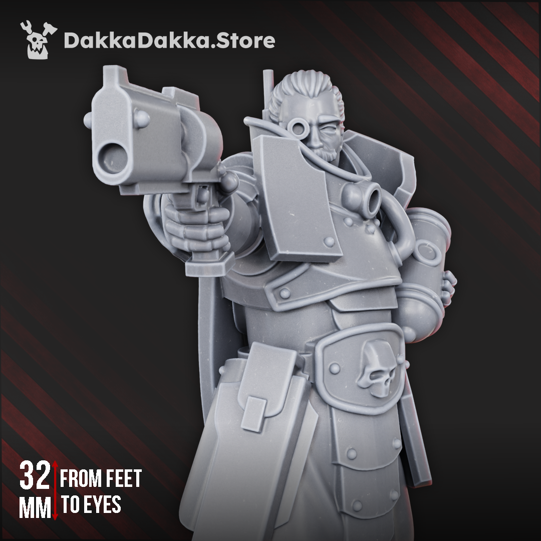 Castellan the Pure 32mm grimdark resin miniature commander with revolver and coat