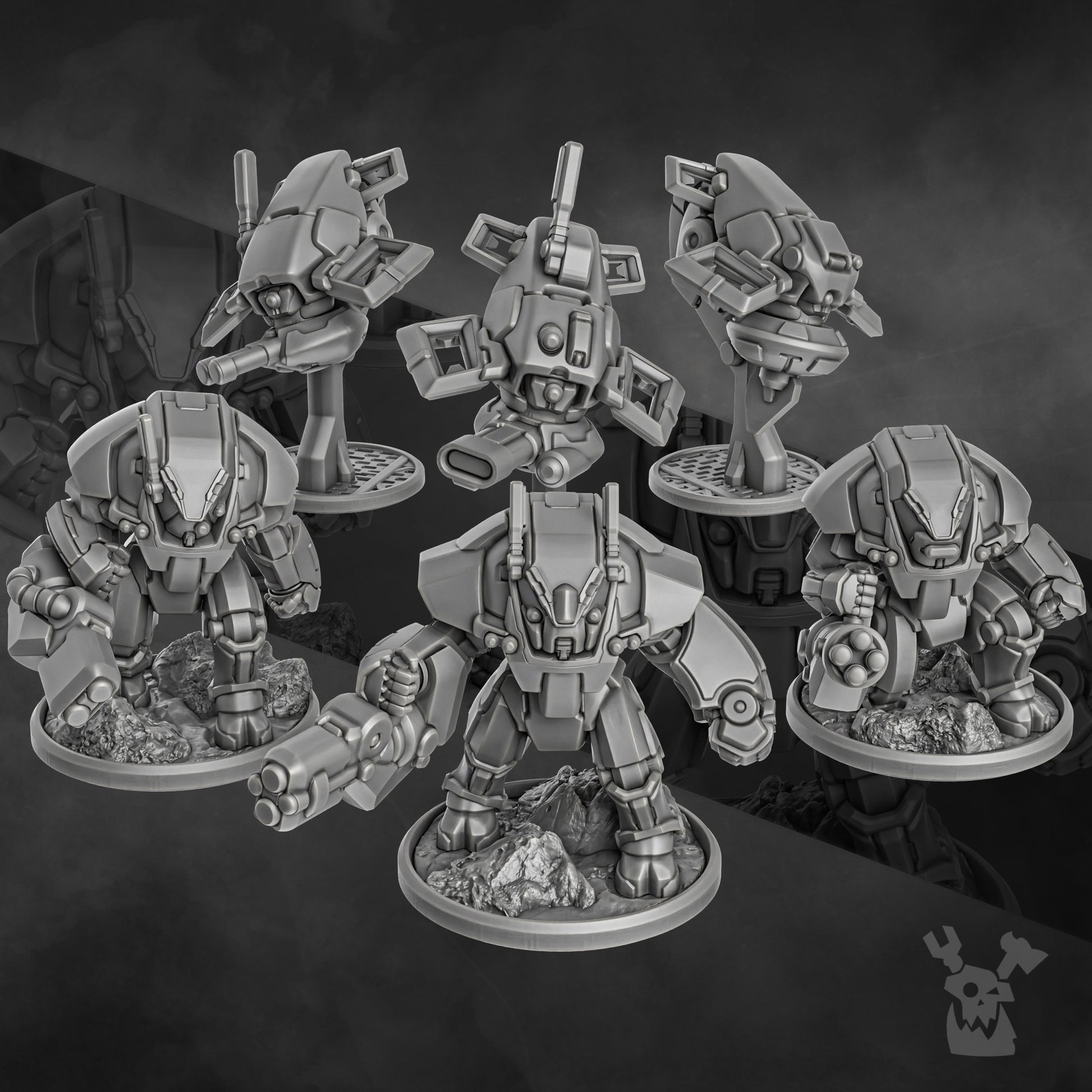 Sci-Fi Battlesuit Squad featuring six detailed combat suits with advanced armor and weapon systems.