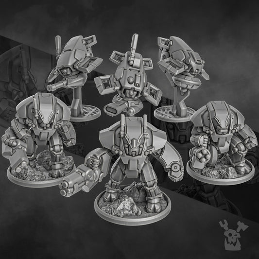 Sci-Fi Battlesuit Squad featuring six detailed combat suits with advanced armor and weapon systems.