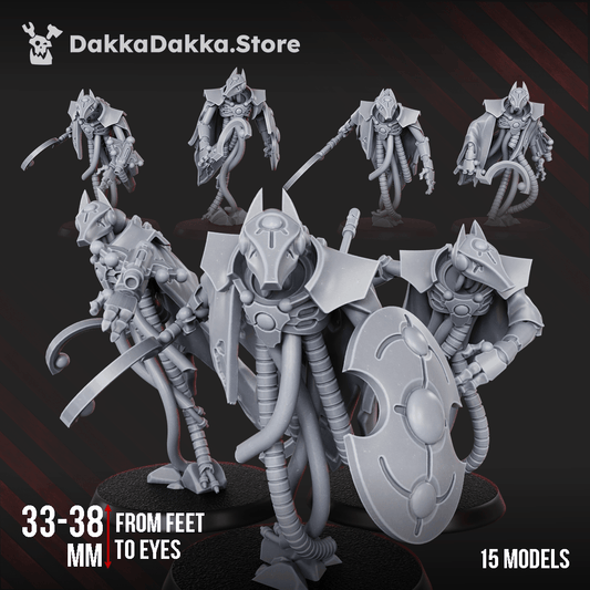 Necrotek Iron Guard Squad — 15 resin sci-fi undead warrior miniatures with shields, blades and biomechanical armour, 33–38mm scale
