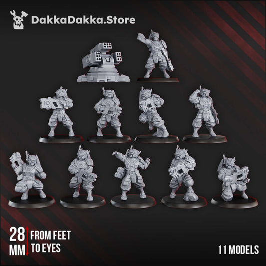 Sci-Fi Special Forces Squad Breakout Team by DakkaDakka, comprising 11 detailed 28mm resin models for gaming.