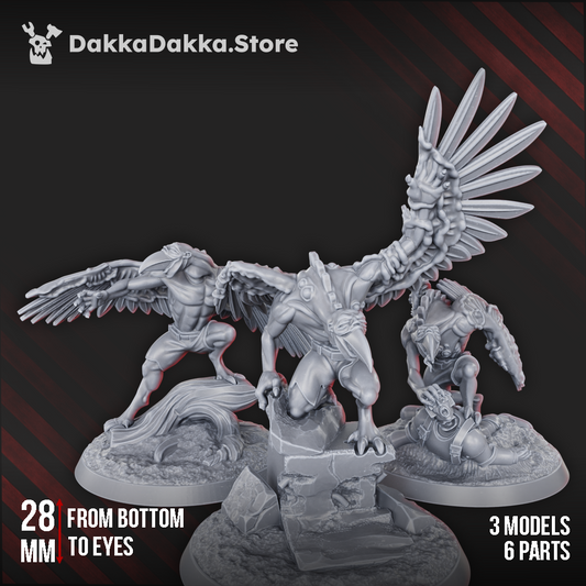 Daemon Birdfused Wings three bird-human mutation warrior resin miniatures with feathered wings, talons and scenic bases