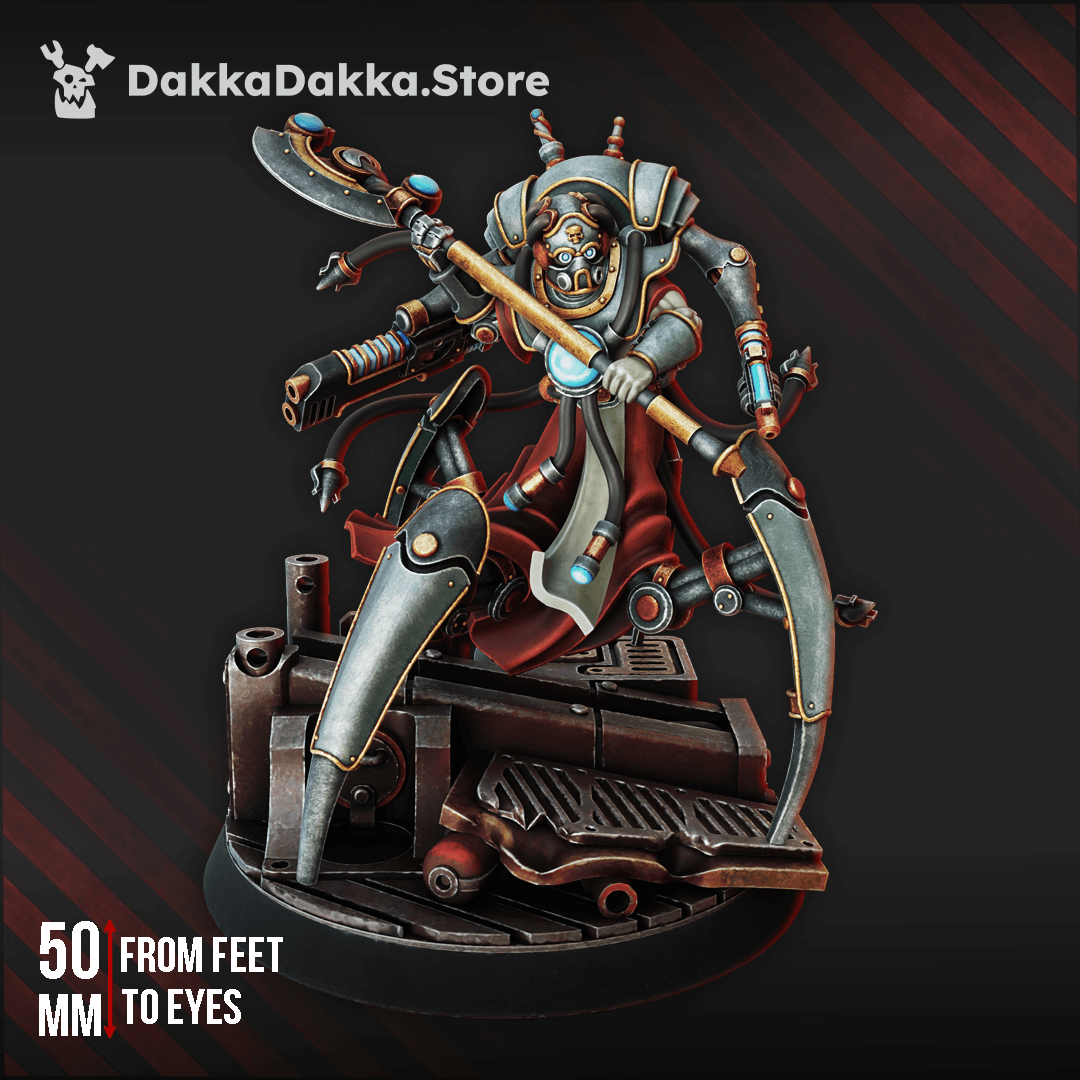 Sci-Fi Machine Cult Mechonarch Stravicus Kain miniature with metallic legs, mecha-dendrites, and power axe