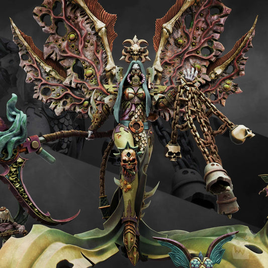 Morticia The Morbid Queen sci-fi miniature figurine with wings, chains, and intricate details for tabletop gaming.