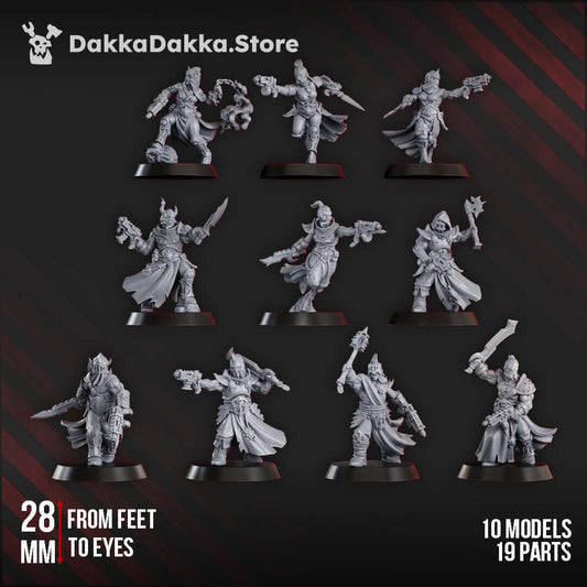 K.I.N.K. Castle Executants Squad One: 10 sci-fi miniatures on 28mm bases, crafted in high-quality grey resin.