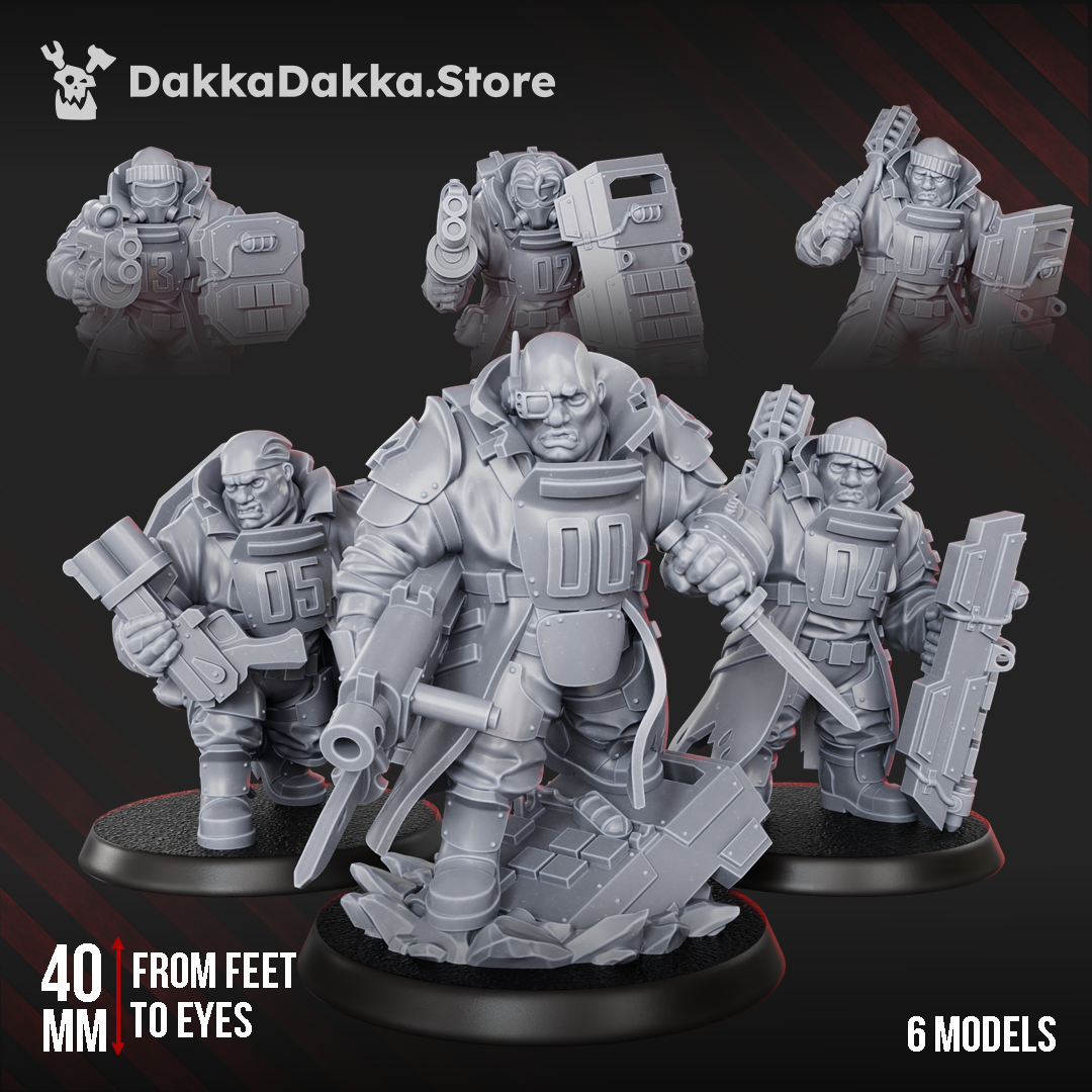 Gang member miniatures - Alcat Heavy Mules Squad of 6 sci-fi underhive fighters with riot shields, shotguns, and blades, 40mm scale resin models by DakkaDakka