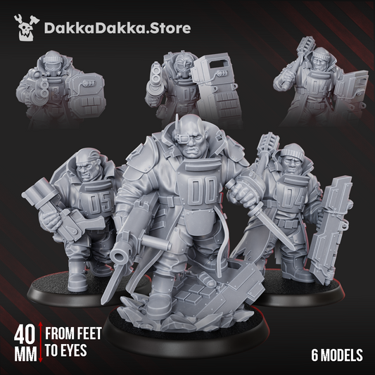 Gang member miniatures - Alcat Heavy Mules Squad of 6 sci-fi underhive fighters with riot shields, shotguns, and blades, 40mm scale resin models by DakkaDakka