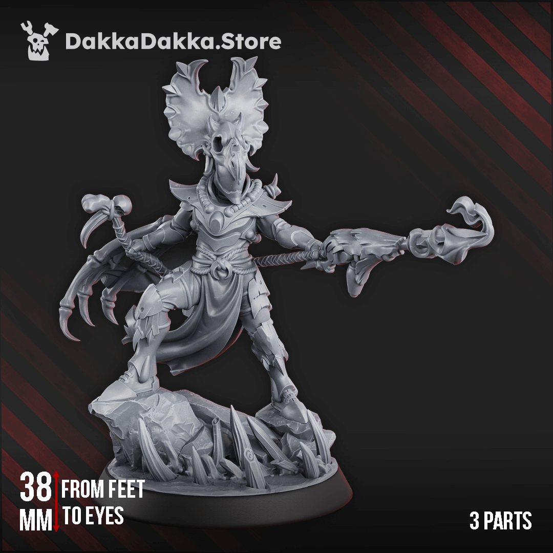 Caruskaibe the Primalsoul Gothic sci-fi space elf miniature with ornate headdress and energy staff
