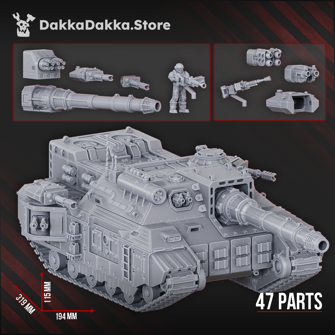 Superheavy Tank Gorgodon G-6 47-part 3D printable STL miniature measuring 319mm x 194mm x 115mm with weapon options and crew figure by DakkaDakka