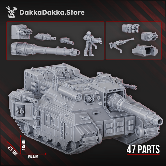 Superheavy Tank Gorgodon G-6 47-part 3D printable STL miniature measuring 319mm x 194mm x 115mm with weapon options and crew figure by DakkaDakka