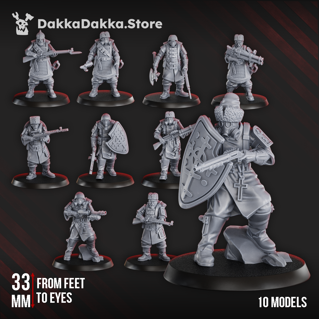 Ten Red Druzhina Squad miniatures, 33 mm, wearing gas masks and greatcoats, armed with rifles and shields, standing on round bases.