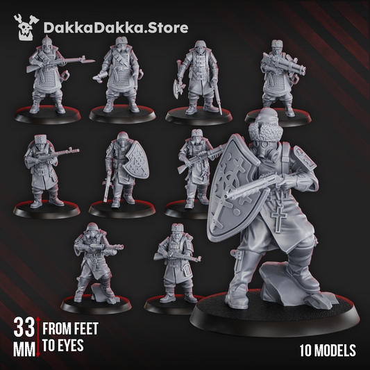 Ten Red Druzhina Squad miniatures, 33 mm, wearing gas masks and greatcoats, armed with rifles and shields, standing on round bases.