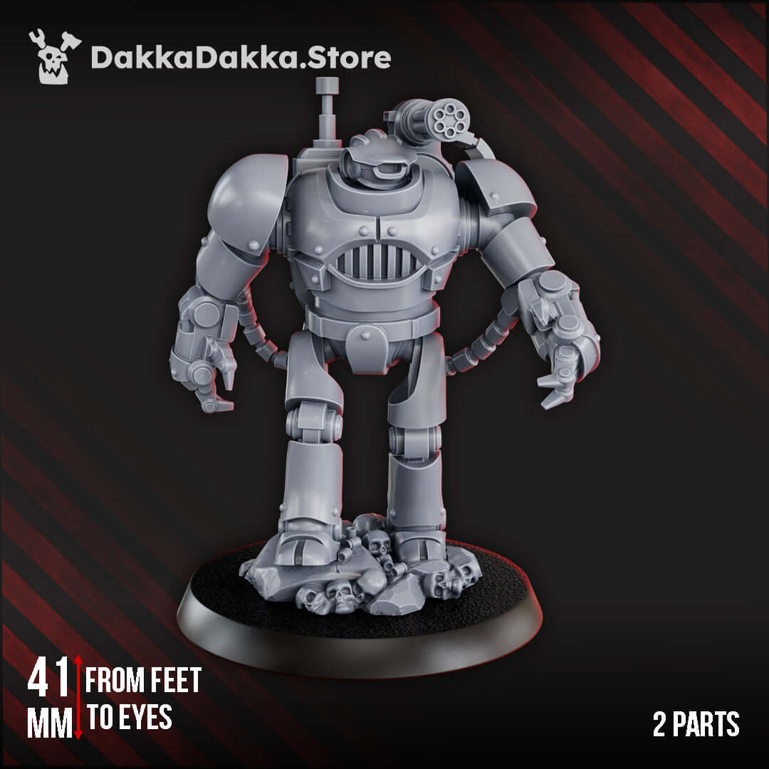 Sci-Fi Machine Cult Robot: Quant-7 Prometheus, 41mm tall resin model showing heavy armor and skull base.