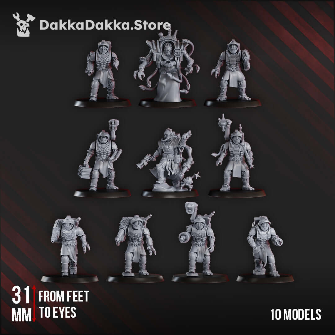 Pluto’s Mechanized Liquidation Team miniatures, 10 unpainted sci-fi models, each 31mm tall, showcasing cybernetic detail.