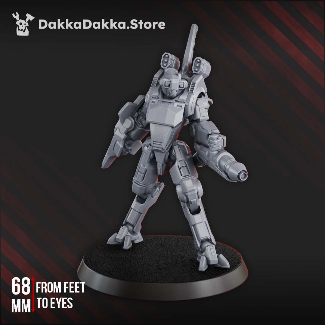 Sleek sci-fi battlesuit miniature, MSC Warfielder MK-III, 68mm tall with modular weapons and detailed mech design.