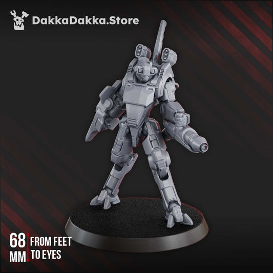 Sleek sci-fi battlesuit miniature, MSC Warfielder MK-III, 68mm tall with modular weapons and detailed mech design.
