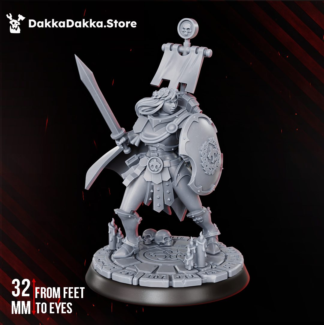 Legio Artemis Shield Maiden 32mm resin miniature, front view showing sword, shield, and banner pole on scenic base