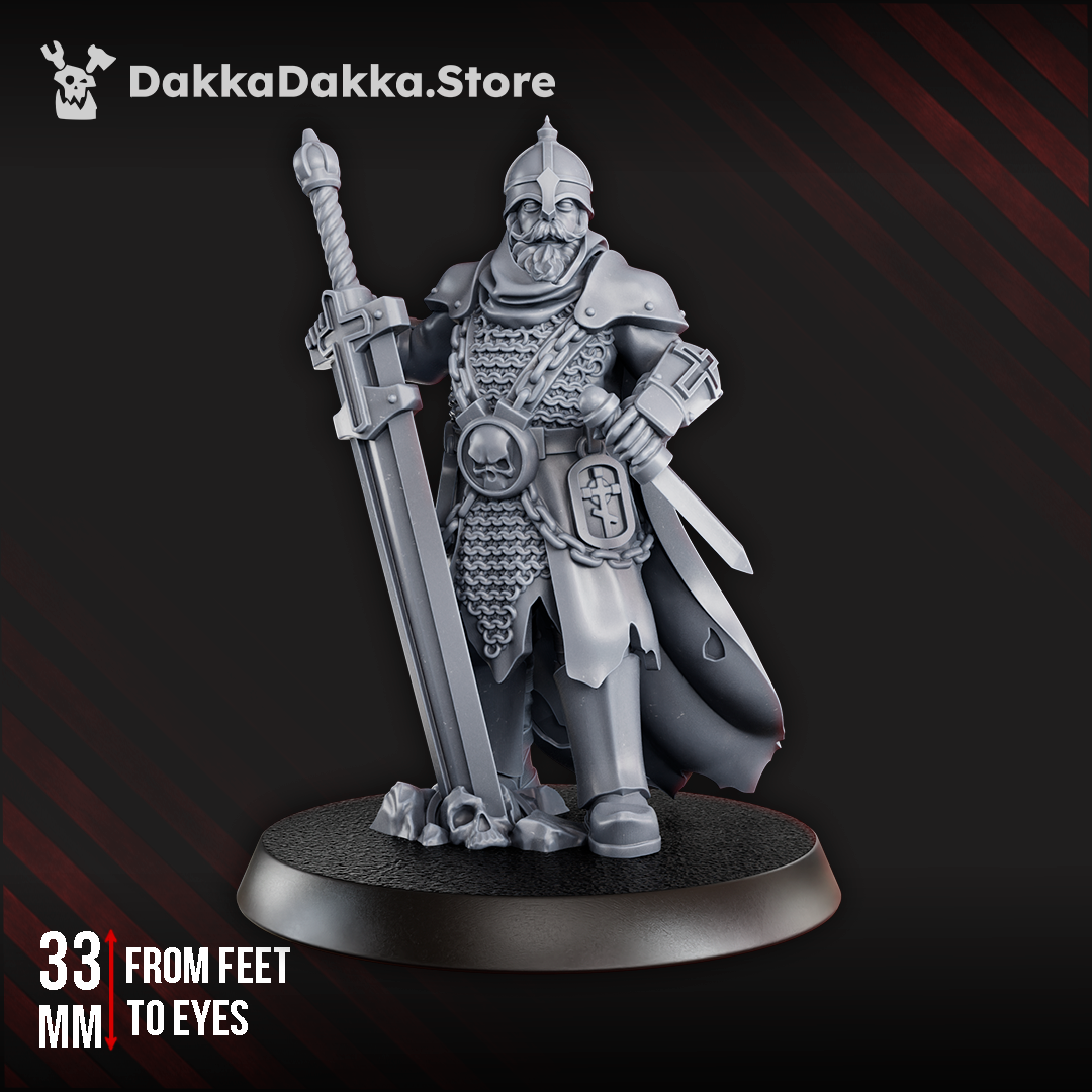 Vityaz Murovets miniature, 33 mm tall, armoured knight with chainmail and plate, helmeted and bearded, hands resting on sword with tip in the ground, featuring Orthodox symbols.