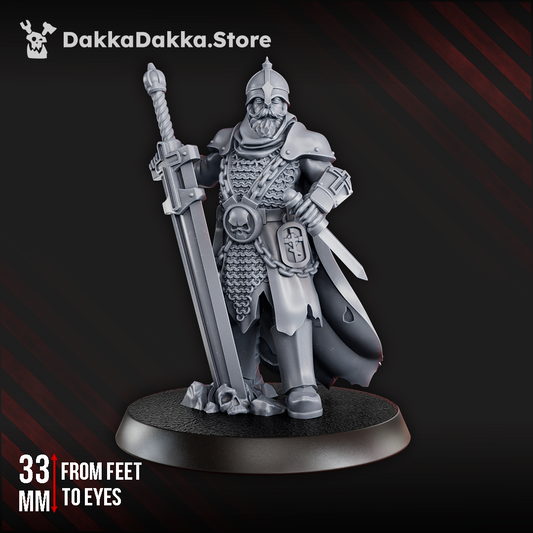 Vityaz Murovets miniature, 33 mm tall, armoured knight with chainmail and plate, helmeted and bearded, hands resting on sword with tip in the ground, featuring Orthodox symbols.